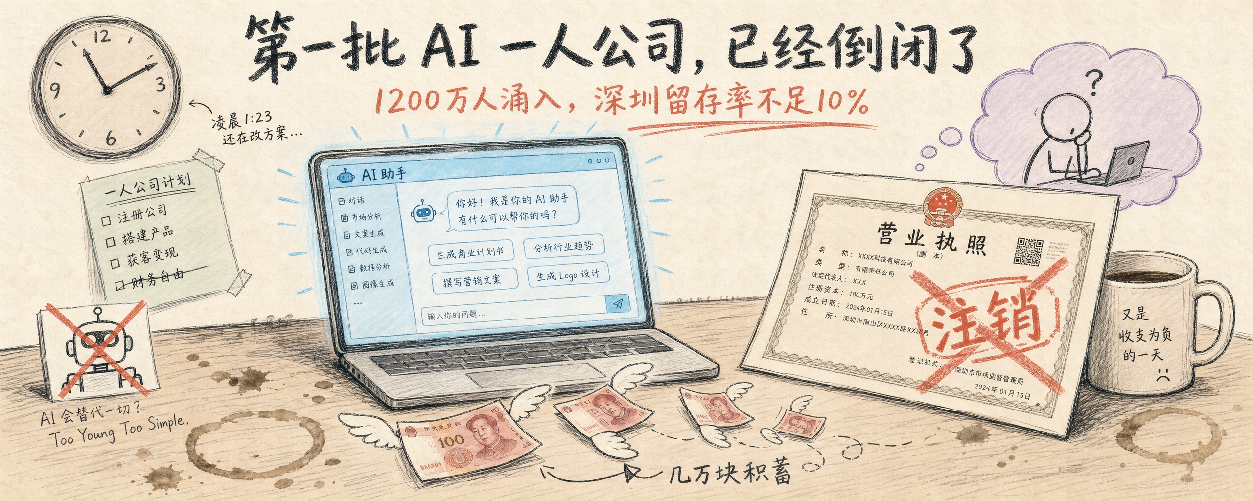 封面:几万块积蓄,一张营业执照,一台能跑 AI 的电脑——半年后钱烧光,客户为零