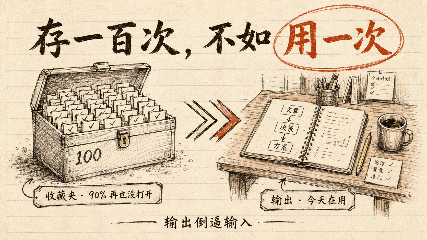 内文图：存一百次，不如用一次 — craft-handmade 左右对比，收藏箱 vs 工作台，箭头跨越"从存到用"