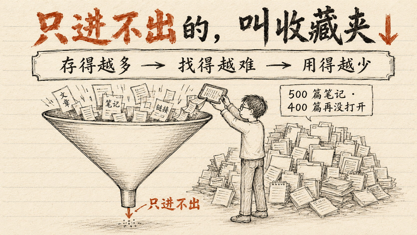 内文图：只进不出的，叫收藏夹 — craft-handmade 三层堆叠，漏斗只进不出，数字坟墓三定律悬于上方