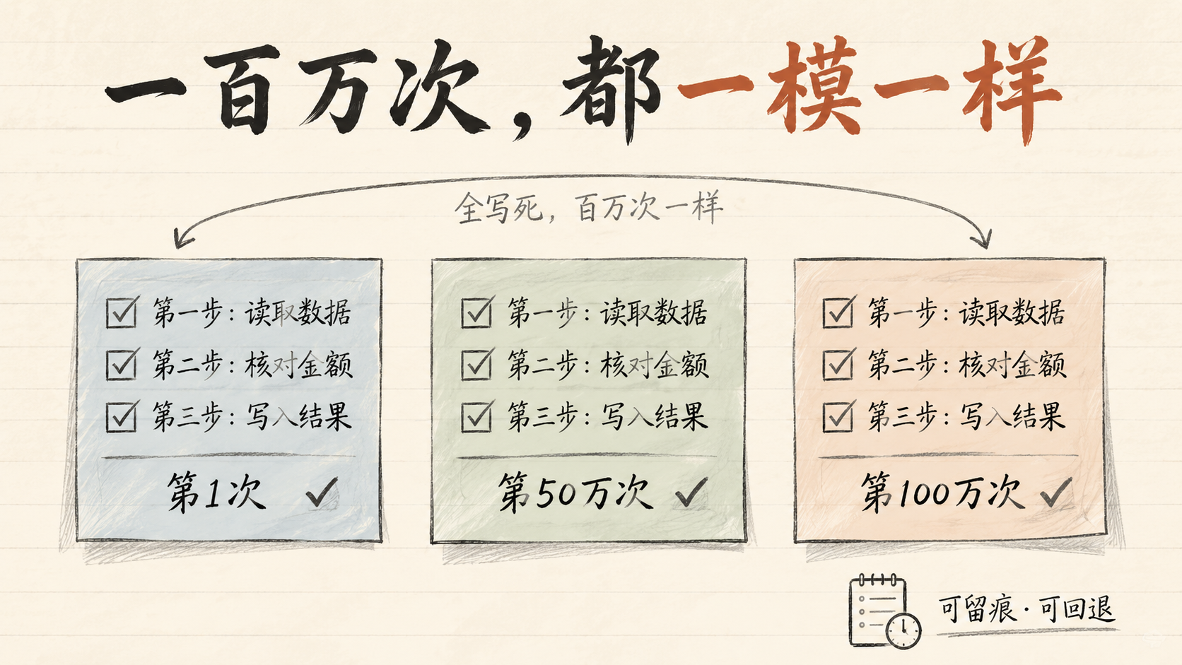 一百万次，都一模一样——三步脚本，第1次、第50万次、第100万次一模一样